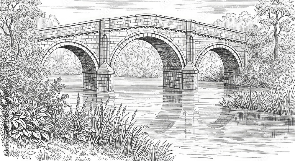 Fototapeta premium Illustration of stone arch bridge over river with trees and nature landscape art drawing sketch design