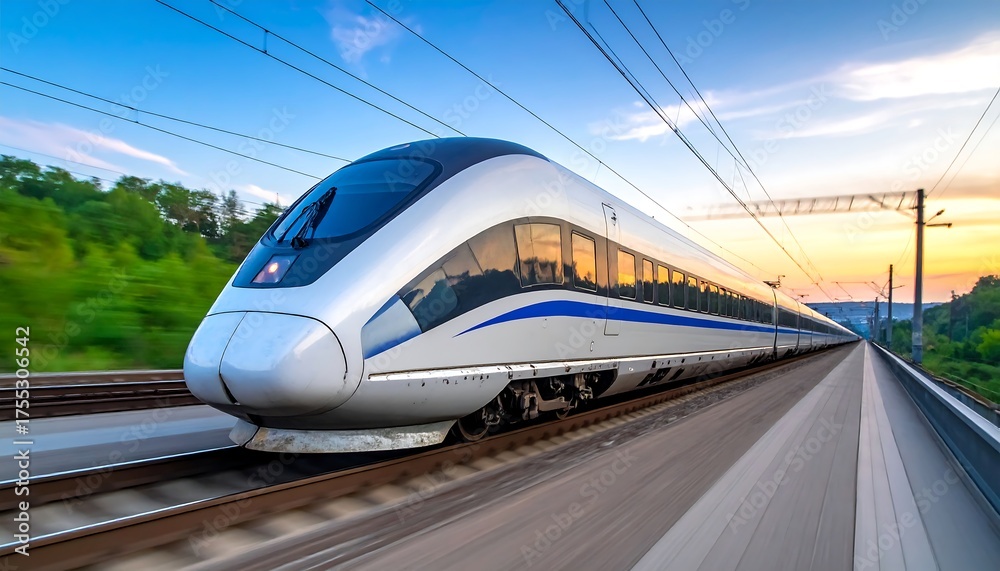 Fototapeta premium High-Speed Train on Tracks at Sunset - Modern Transportation and Technology.