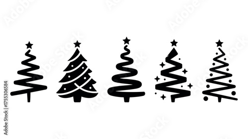 Five Black Christmas Tree Icons with Stars and Ornaments