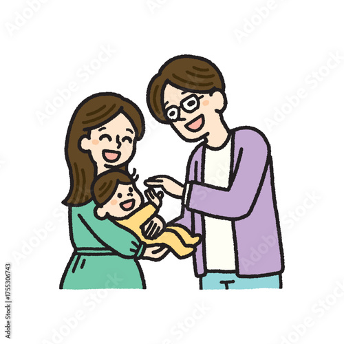 赤ちゃんと両親の幸せなひとときをカラフルに描いた家族イラスト