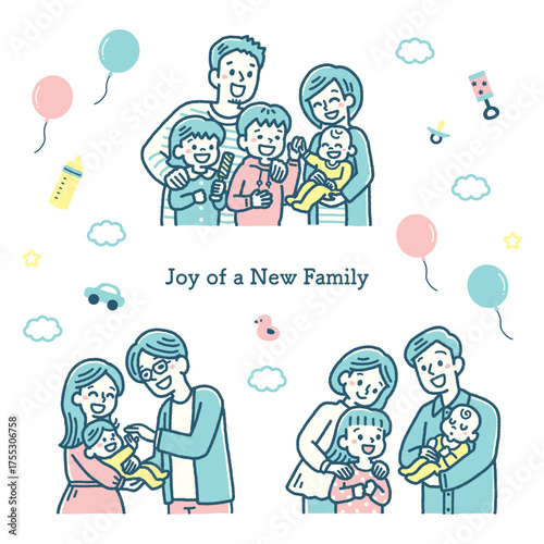 赤ちゃんと家族の幸せな時間のイラストセット シンプルカラー