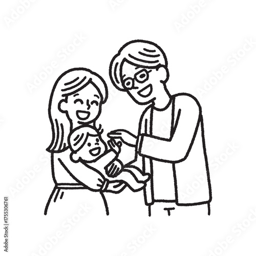 3人家族 赤ちゃん パパ ママ 抱っこ 見つめる 笑顔 モノクロ 手描き イラスト