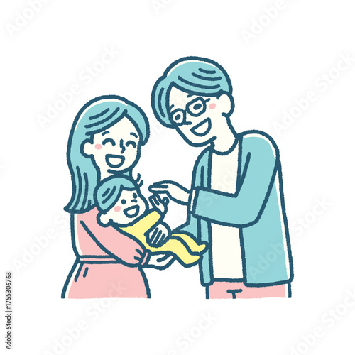パパ ママ 赤ちゃん 見守る 笑顔 抱っこ シンプルカラー ベクター イラスト
