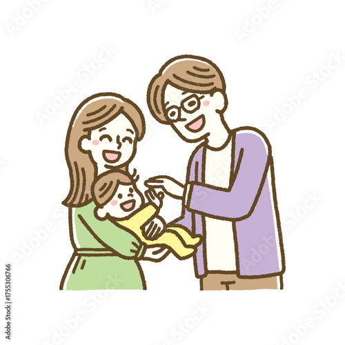 ママに抱っこされる赤ちゃんと、それを笑顔で見つめるパパの温かい家族イラスト