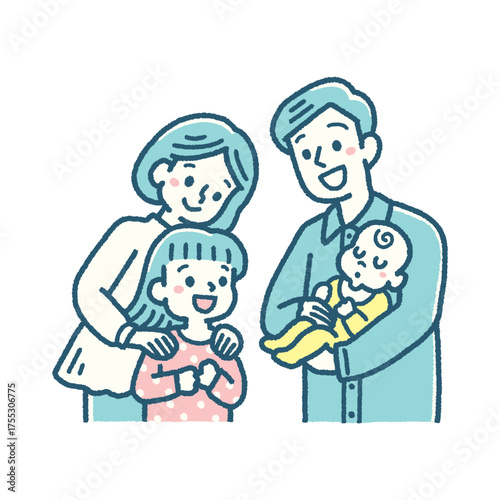 ４人家族 赤ちゃん 姉 見守る 笑顔 シンプルカラー ベクター イラスト