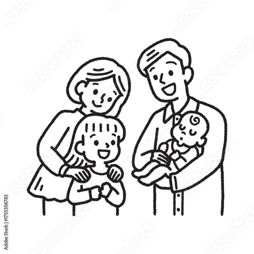 4人家族 赤ちゃん 姉 抱っこ 見つめる 笑顔 モノクロ 手描き イラスト