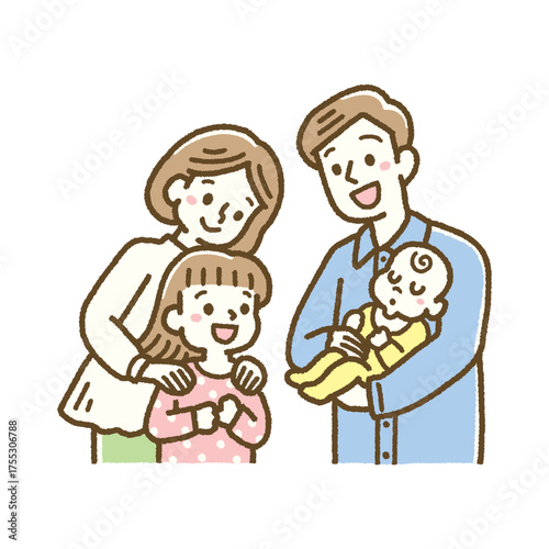 赤ちゃんを嬉しそうに見つめるお姉ちゃん 家族 イラスト パステル