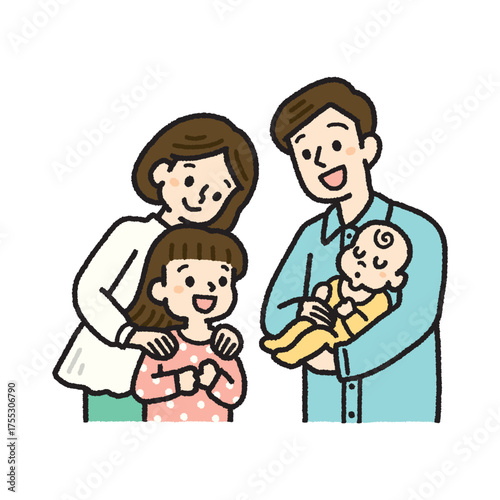 赤ちゃんとお姉ちゃん、両親の笑顔を描いたカラフルな家族イラスト