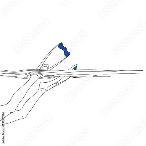 Vector art of a stylized line drawing of a persons legs and feet wearing swim fins, submerged in water, with a blue accent on the fin, isolated on a
