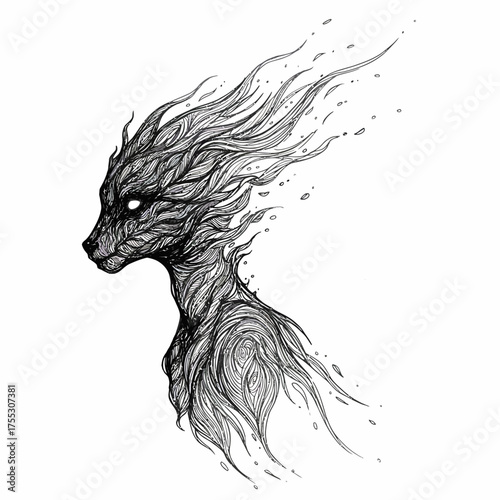 Vector art of ethereal creature with fiery mane, intricate ink drawing, fantasy art, mythical being, dark aesthetic, mysterious entity, profile view