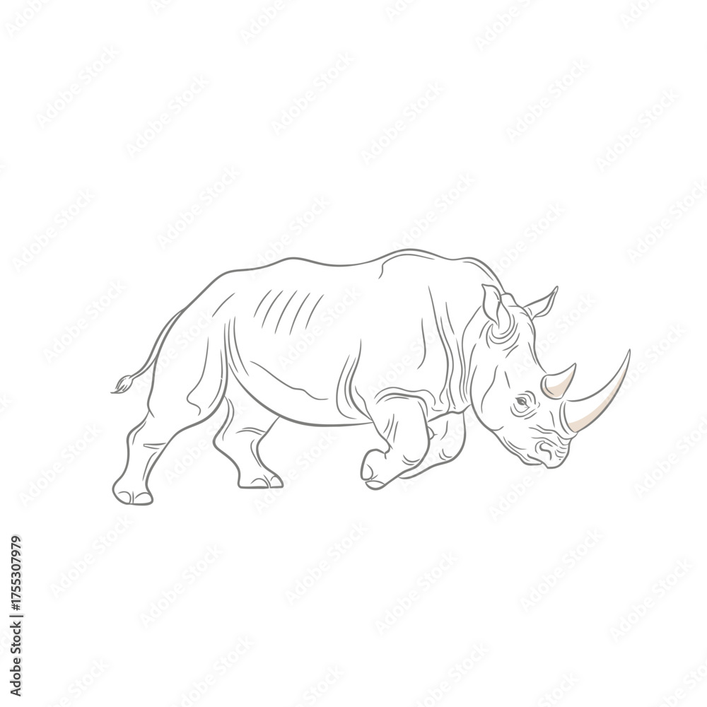 Fototapeta premium Vector art of a dynamic line drawing of a rhinoceros in motion, showcasing its powerful build and iconic horn, isolated on a, ideal for wildlife themes