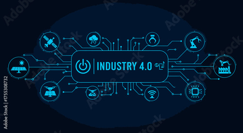 An illustrative digital vector graphic showcases Industry 4.0 technologies and concepts, including automation, data processing, and interconnected systems on a dark blue background.