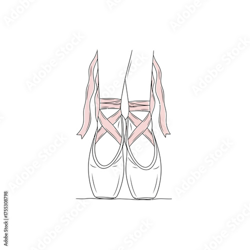 Vector art of a pair of ballet pointe shoes with pink ribbons tied, , symbolizing dance, grace, elegance, and the art of performance