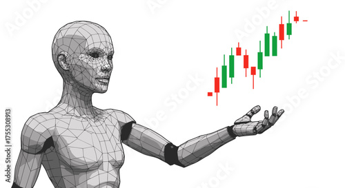An abstract vector illustration depicts a humanoid figure presenting a candlestick chart, symbolizing stock market trends and financial analysis in a modern, technological context.