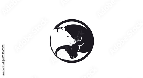 A striking vector logo depicts a bear and bull intertwined in a yin-yang style, symbolizing the dynamic forces of the stock exchange and financial markets.