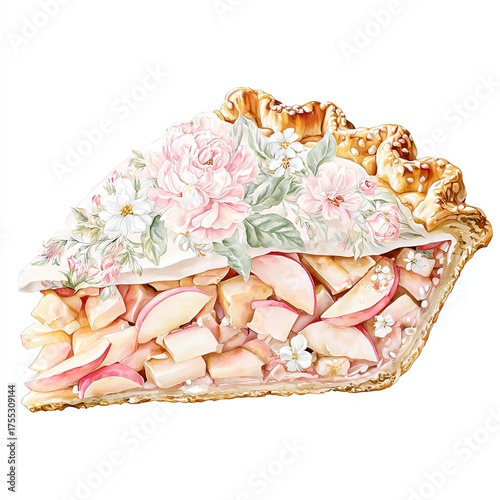Floral Pie Slice: A beautifully illustrated slice of pie, bursting with fresh fruit filling and delicate floral embellishments, evoking a sense of homemade goodness and artistic beauty. 
