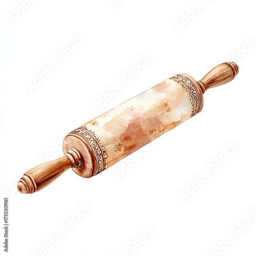 Vintage Rolling Pin Illustration: A meticulously rendered watercolor illustration showcasing a vintage rolling pin, a timeless tool of the culinary arts, against a clean backdrop.