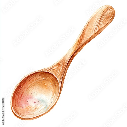 Wooden Spoon: A close-up watercolor painting of a meticulously crafted wooden spoon. The warm hues of the wood grain are highlighted, capturing the craftsmanship and the beauty of a simple.