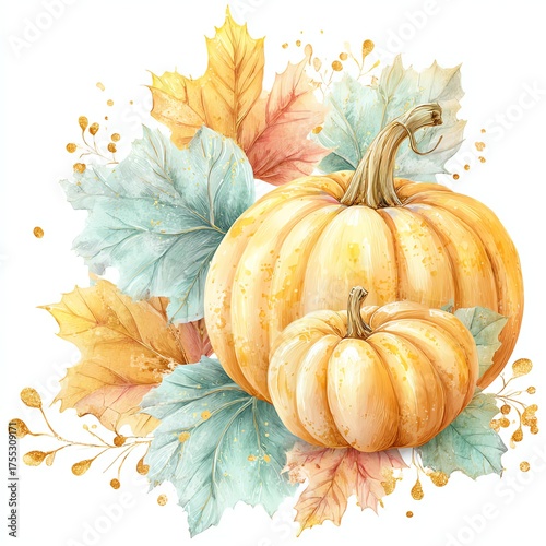 Autumnal Pumpkin and Leaf Watercolor: A charming watercolor painting features a pair of vibrant pumpkins surrounded by delicate autumn leaves, exuding the warmth and coziness of the fall season.