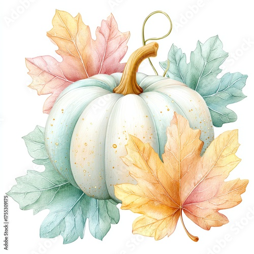 Autumnal Pumpkin & Leaves: A soft watercolor depiction of a ripe pumpkin nestled among colorful autumn leaves, exuding warmth, comfort, and the essence of the harvest season.