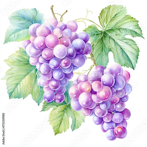 Vivid Grape Cluster: A captivating watercolor painting showcases a bountiful cluster of ripe grapes, bursting with shades of purple and green, a testament to nature's artistry.