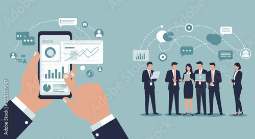 A vector illustration depicting a modern stock exchange platform on a smartphone, connecting business professionals and facilitating financial analysis and communication.