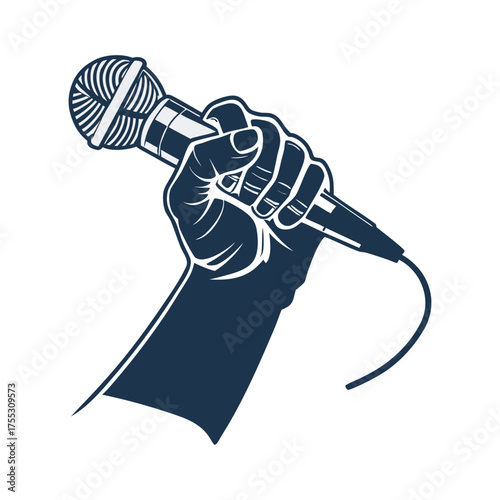 Hand holding microphone empowering voice for music and speeches isolated on white background
