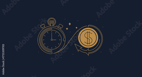Vector illustration depicts the concept of time is money, highlighting the relationship between time management and financial success in a modern design.