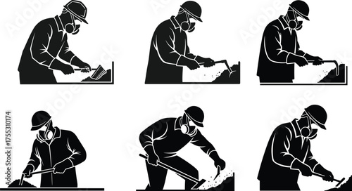 Metalworking silhouettes, industrial labor tasks, safety gear usage, helmet and mask protection, sanding, sawing, chiseling, black vector illustrations, construction tools