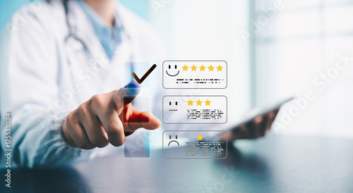 Doctor using digital interface to select five-star rating for healthcare service feedback, concept of patient satisfaction, medical review, quality care, hospital reputation management. satisfaction