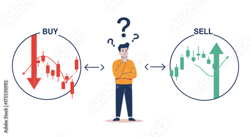 Confused man stands between stock exchange charts showing buy and sell decisions with rising and falling market trends.