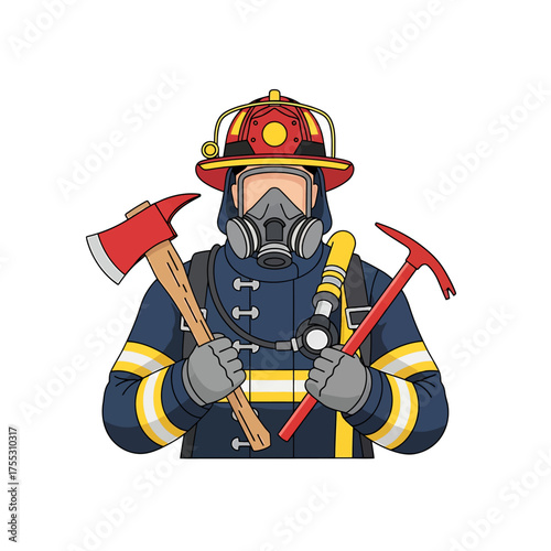Cartoon illustration of a firefighter in full gear holding an axe and a pickaxe.