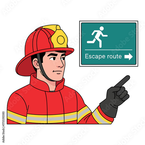 A firefighter points towards an escape route sign, indicating the direction.