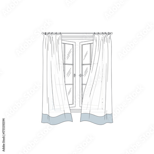 Vector art of a simple line drawing of a window with sheer curtains blowing gently in the breeze, creating a sense of movement and lightness