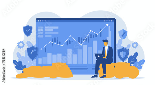 A vector illustration depicts a businessman analyzing stock market data on a large screen, surrounded by security shields and financial elements, symbolizing investment and trading.