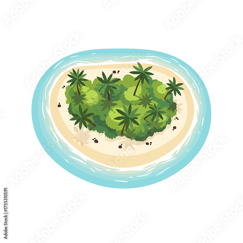 Aerial view of a tropical island with palm trees, lush vegetation, and a sandy beach surrounded by turquoise water.