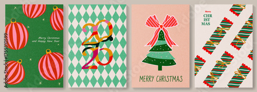 A set of hand-drawn Christmas and New Year 2026 cards in a modern style with Christmas tree decorations, candies, Christmas tree, gifts for decorating, covers, posters, invitations