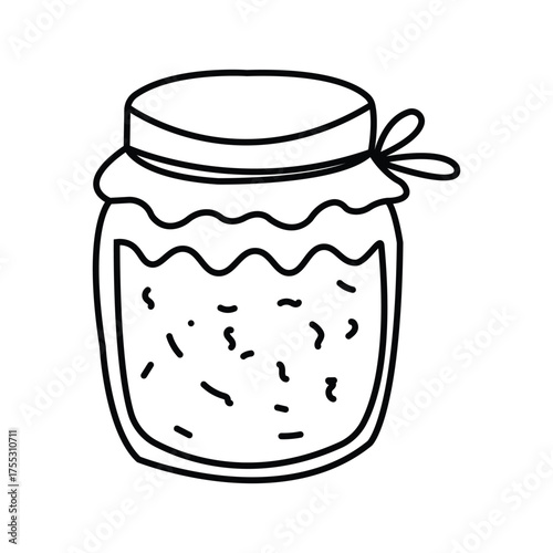 Black line art depicts a jar filled with chunky food items on a white background