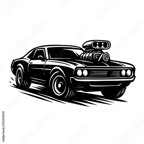Silhouette-style black and white muscle car with massive supercharger intake