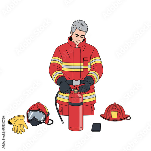 A firefighter in red uniform preparing a fire extinguisher, with gear laid out.