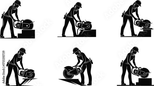Power saw operator silhouettes, construction safety gear, helmet and goggles protection, cutting techniques, black vector illustrations, industrial labor posture variations