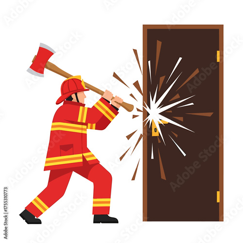 A firefighter in red uniform forcefully breaks down a wooden door with an axe.