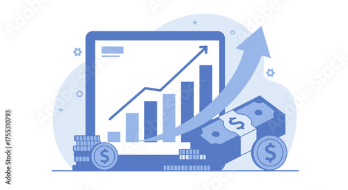 Digital financial growth illustration with rising stock market graph, stacked coins, and cash, symbolizing investment success and economic progress on a clean background.