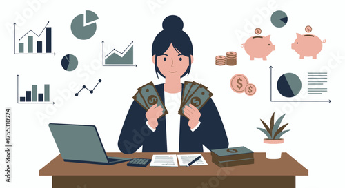 A businesswoman manages finances, investments, and savings with various charts and data, illustrating financial growth and economic planning.