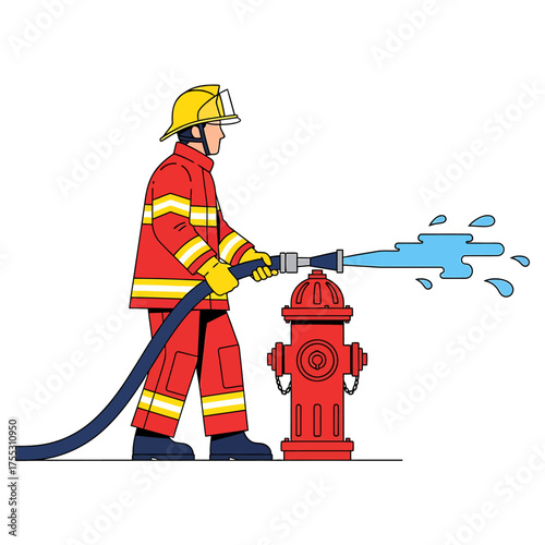 A firefighter in uniform aiming a hose at a red fire hydrant, spraying water.