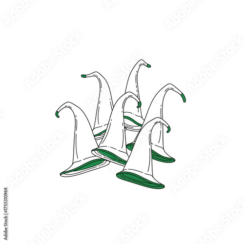 Vector art of a cluster of seven pointed wizard or witch hats, with green trim, arranged together