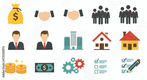 This vector graphic illustrates various business and financial concepts, including investments, teamwork, real estate, and strategic planning, presented in a clean, flat style.