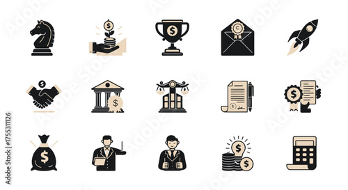 A collection of vector-based business and finance icons, including stock exchange symbols, designed with a modern, flat style, perfect for presentations and websites, available as a PNG.
