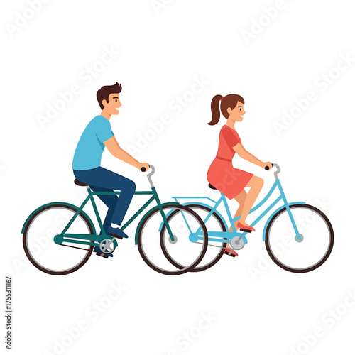 A man and a woman are riding bicycles side-by-side, enjoying a leisurely ride.