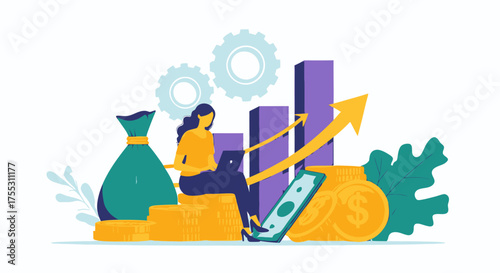 A woman analyzes financial growth charts and increasing revenue with money bags and coins symbolizing investment and successful business development.